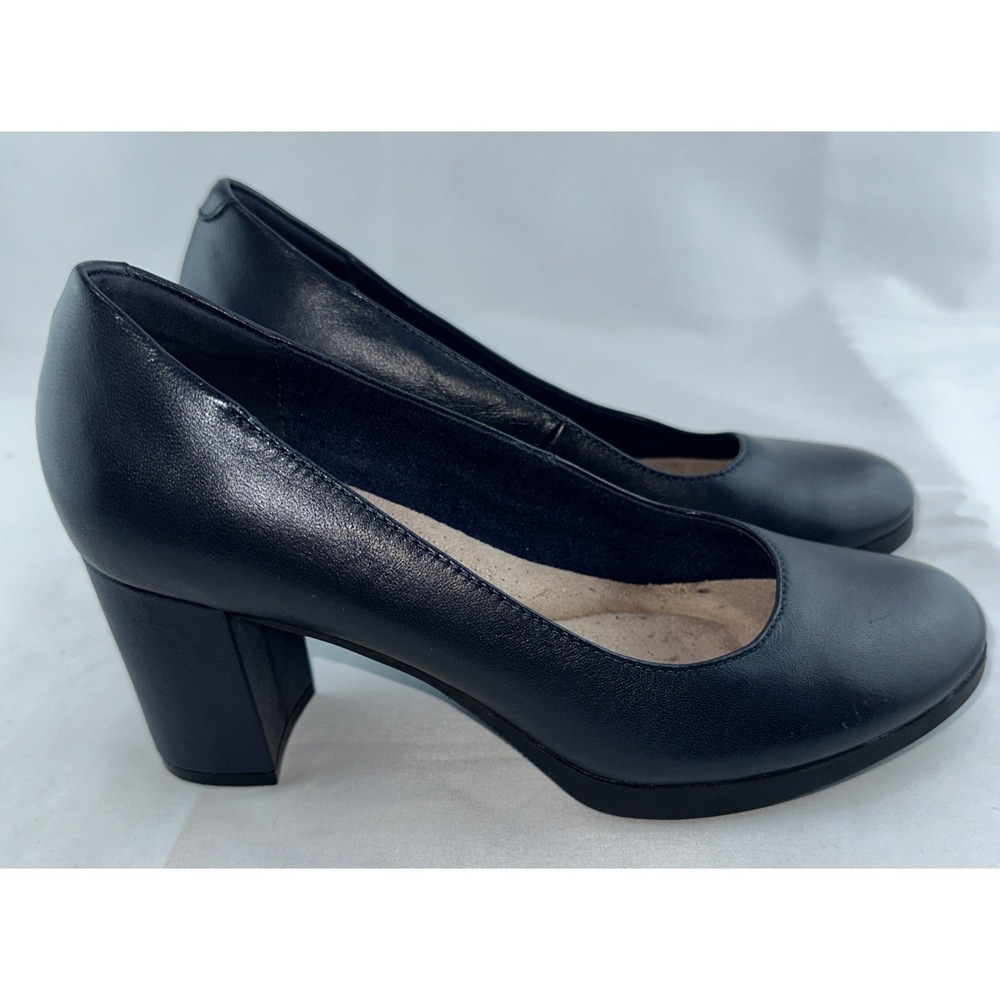 Clarks Bayla Skip Slip-On Block Heel Pumps Navy Leather Ultimate Comfort 7.5